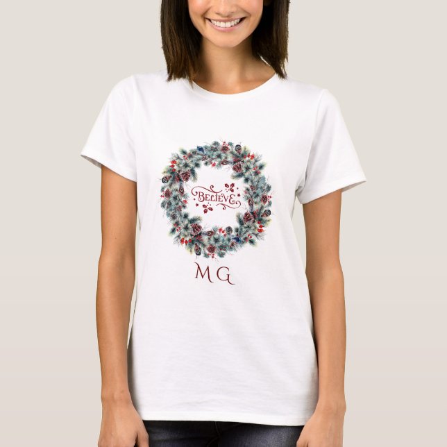 Camiseta Navidades Wreath CREE monograma de tipografía (Anverso)