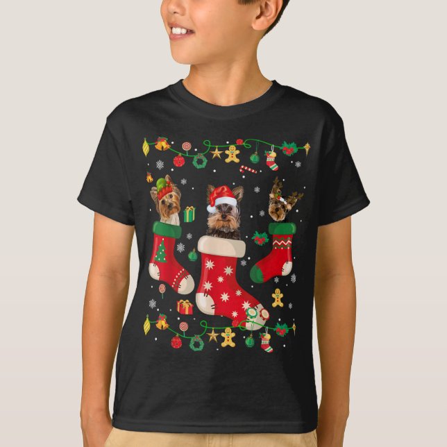 Camiseta Navidades Yorkie Socke Tree Light Xmas Santa Hat D (Anverso)