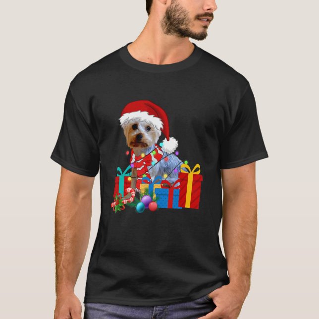 Camiseta Navidades Yorkshire Terrier Dog Xmas Luces Santa (Anverso)