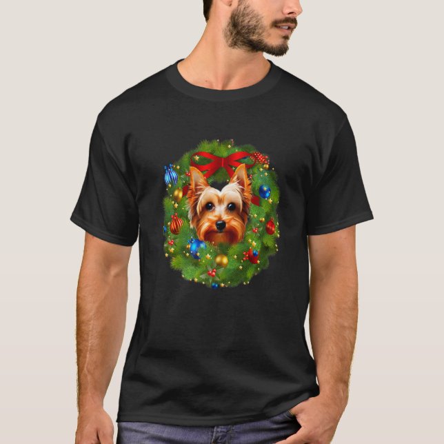 Camiseta Navidades Yorkshire Terrier Puppy Dog Wreath Premi (Anverso)