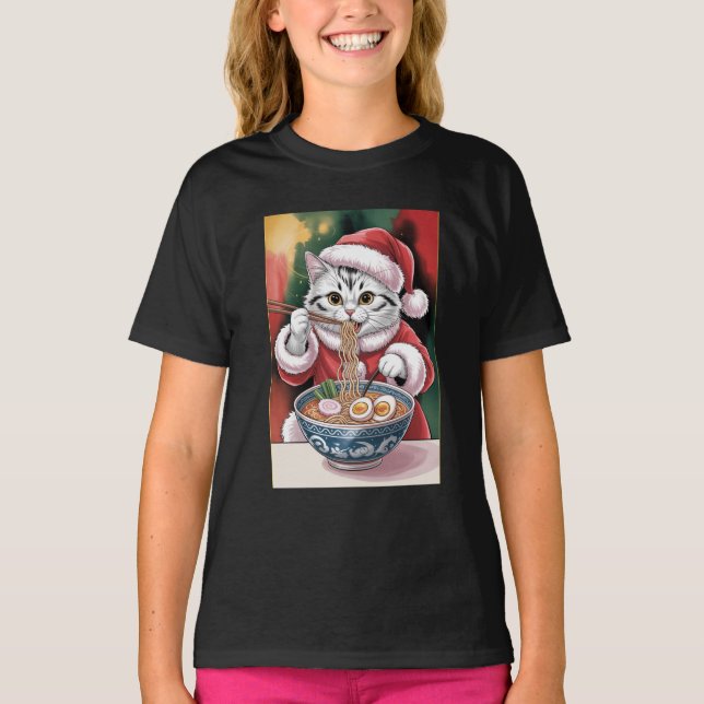 Camiseta Navideña del Gato Comiendo Ramen (Anverso)