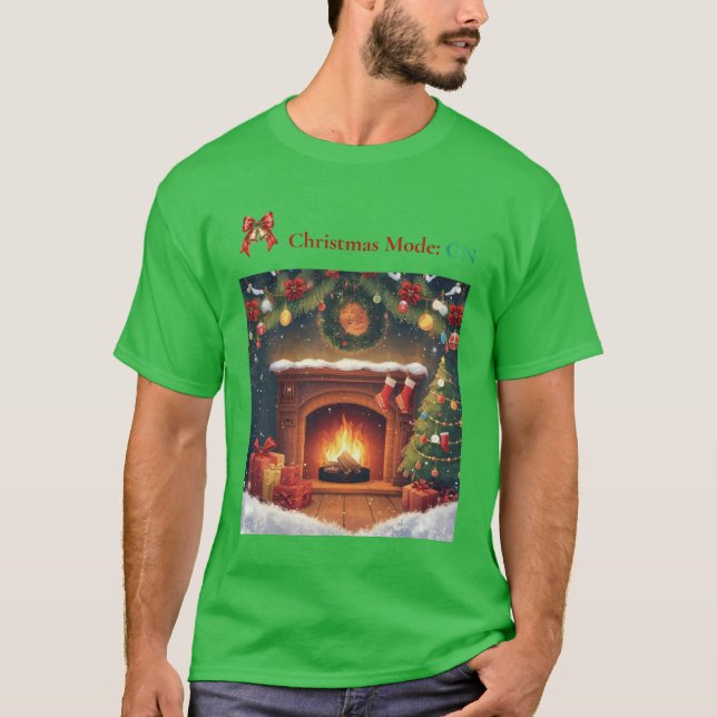 Camiseta Navideña Modo Navidad Encendido Chimenea  (Anverso)
