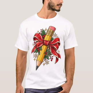 Camiseta navideña para maestros con lápiz y lazo r