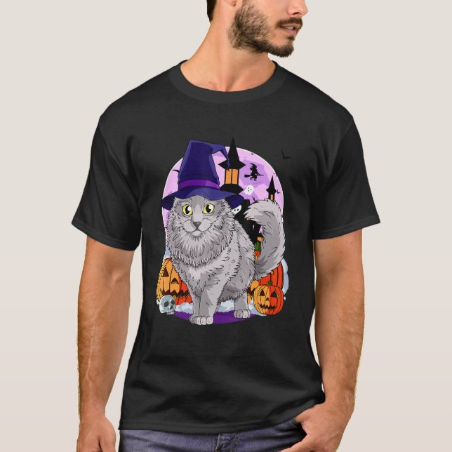 Camiseta Nebelung Cat Cute Halloween Witch Pumpkin (Anverso)