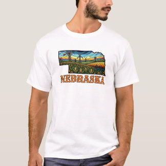 Camiseta Nebraska Tattoo Style Outline with Cornfields