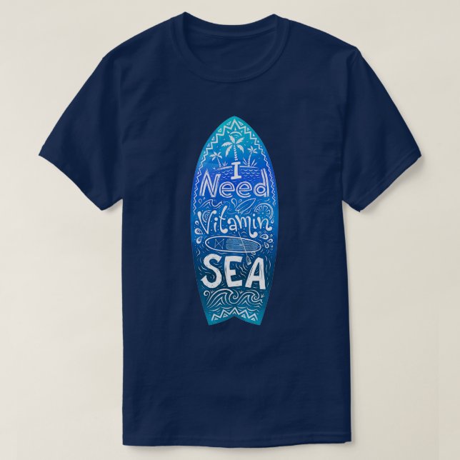 Camiseta Necesito vitamina SEA en tablas de surf azules (Diseño del anverso)
