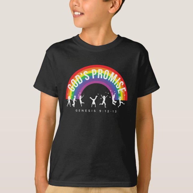 Camiseta negra arcoiris promesa de Dios con niños (Anverso)