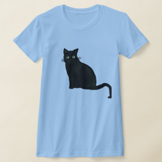 Camiseta negra con cuello en V para mujer de gato 