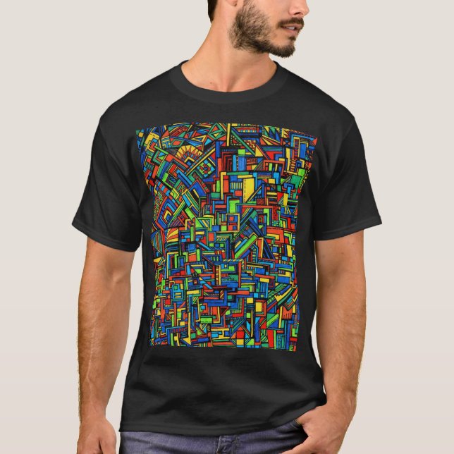 Camiseta negra con diseño de cuadrados coloridos (Anverso)