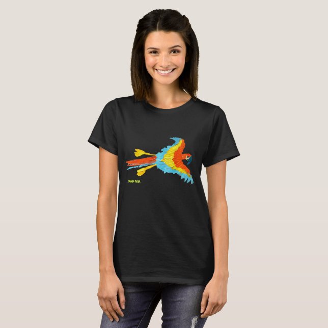 Camiseta negra con el macaw del escarlata por el (Anverso completo)