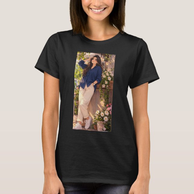 Camiseta negra con estampado femenino. (Anverso)