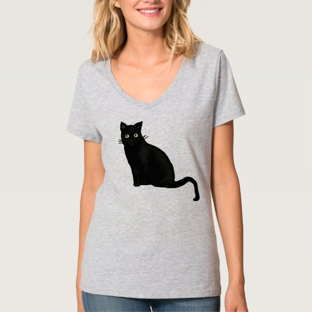 Camiseta negra de cuello en V para mujer con gato  (Anverso)