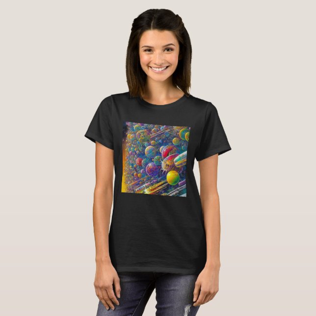 Camiseta negra de las mujeres de raza espacial (Anverso completo)