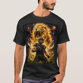 camiseta negra de media manga con diseño de león
