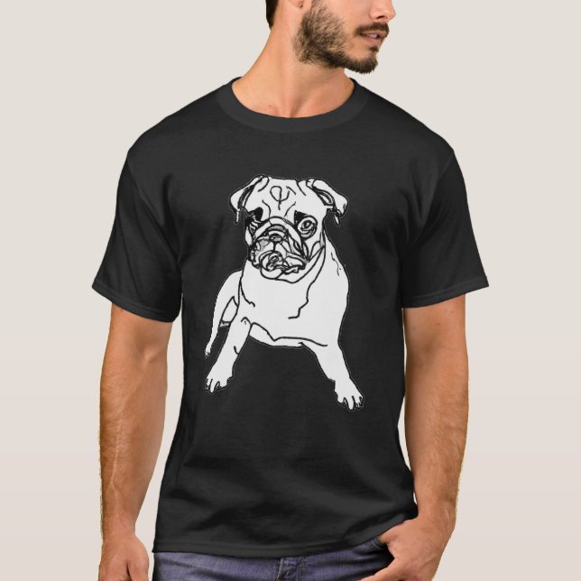 Camiseta negra de moda dibujo de perro pug blanco  (Anverso)