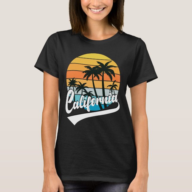 Camiseta negra de mujer California Retro Sunset (Anverso)