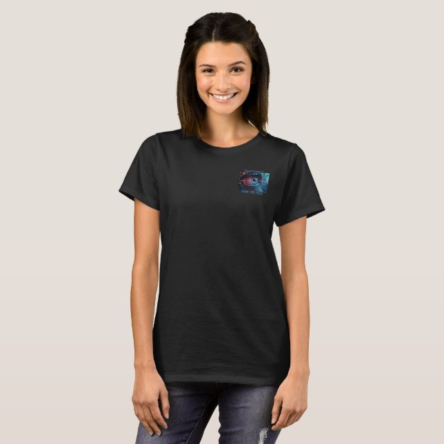 Camiseta negra de mujer con bolsillo de tecnología (Anverso completo)