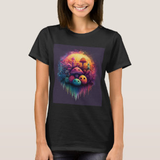 Camiseta negra de mujer con hongos divertidos
