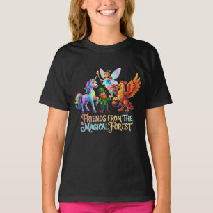 Camiseta negra de unicornio y hada del bosque mági