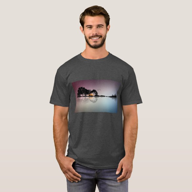 Camiseta negra del gris de la reflexión del agua (Anverso completo)