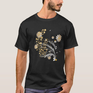 Camiseta negra elegante con diseño botánico de art