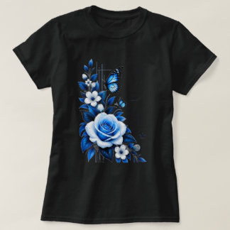 Camiseta negra elegante de mujer con gráfico flora