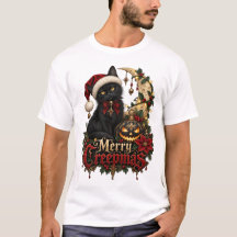 Camiseta negra gótica de gato con 'Merry Creepmas'