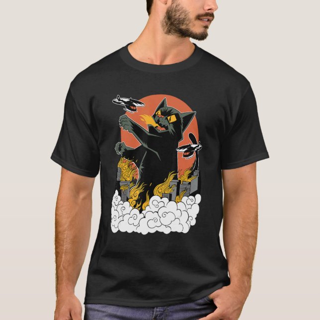 Camiseta negra japonesa Catzilla Sunset - clásico  (Anverso)