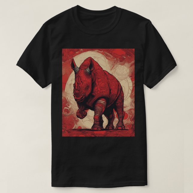 Camiseta negra, rinoceronte rojo (Diseño del anverso)