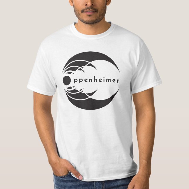 Camiseta negro básico del logotipo del oppenheimer en (Anverso)