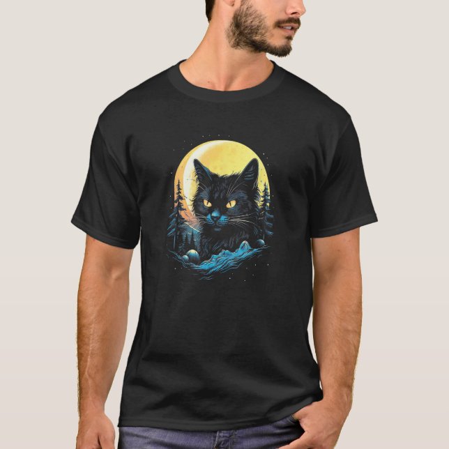Camiseta Negro Cat Forest Moon Mystical Black Cat (Anverso)