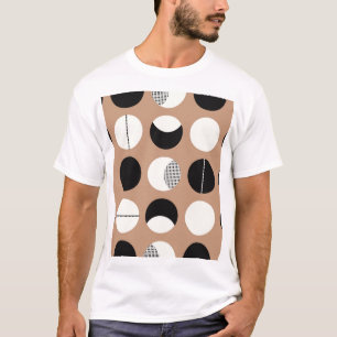 Camiseta Negro, círculos blancos, fondo marrón.