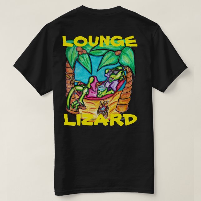 CAMISETA NEGRO DEL DIBUJO ANIMADO DEL LAGARTO DE SALÓN (Reverso del diseño)