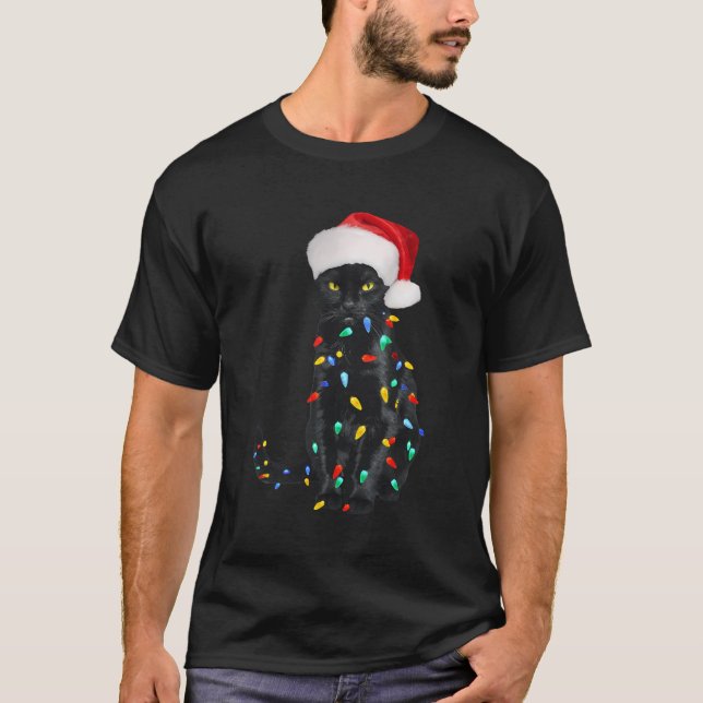 Camiseta Negro gato enredado árbol de navidad de festividad (Anverso)