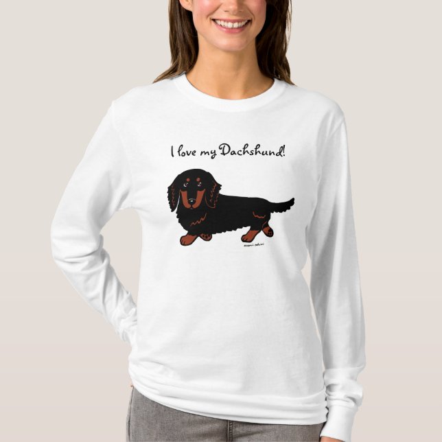 Camiseta Negro y moreno de pelo largo del Dachshund (Anverso)