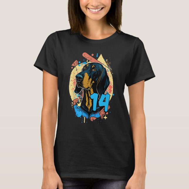 Camiseta Negro Y Tan Coonhound Dog 14th Birthday Party 14 (Anverso)