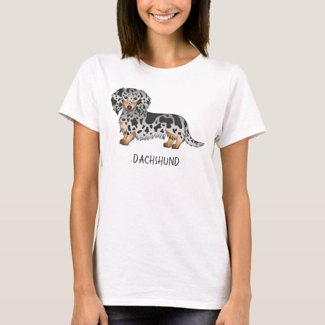 Camiseta Negro Y Tan Dapple Larga Pelo Dachshund Y Texto (Anverso)