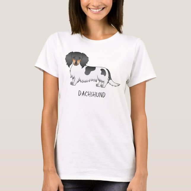 Camiseta Negro Y Tan Piebald Larga Cabello Dachshund Y Text (Anverso)