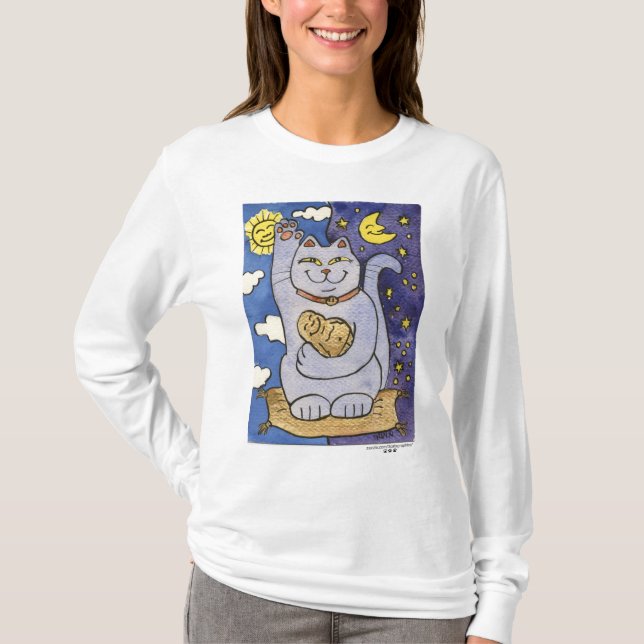 Camiseta Neko azul con Buda sobre almohada dorada (Anverso)