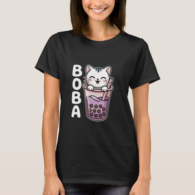 Camiseta Neko White Cute Cat Bubble Tea Boba Tea (Anverso)