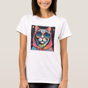 Camiseta Neo cat. Usando gafas de sol de neón en estilo ret