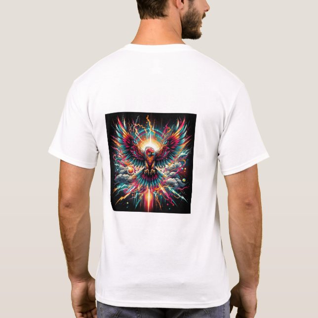 Camiseta Neo Phoenix Explosion-Vibrant Electric Bird Art  (Reverso)