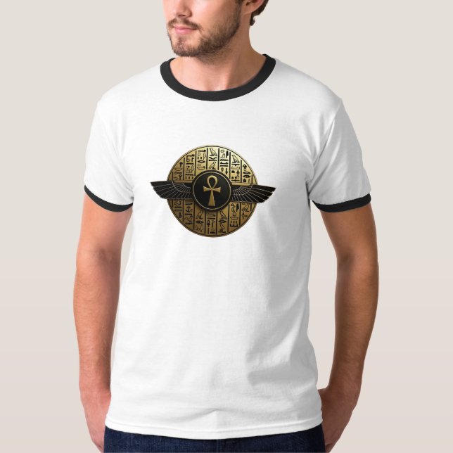 Camiseta NeoAnkh 3D Golden Winged Ankh & Hieroglyphs (Anverso)