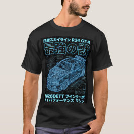 Camiseta Neon Blueprint Skyline R34 Techwear Gráfico