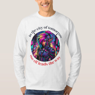 Camiseta Neon Cyberpunk Elf en el paisaje urbano futurista