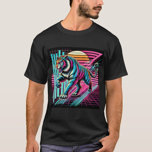 Camiseta Neon Cyberpunk Tiger Retro Estética Futurista (Anverso)