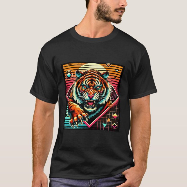 Camiseta Neon Cyberpunk Tiger Retro Synthwave Design (Anverso)