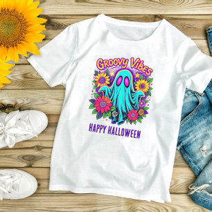 Camiseta Neon Floral Retro Ghost Groovy Halloween