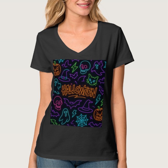 Camiseta Neon Halloween Pattern Ghosts Pumpkins Bats (Anverso)