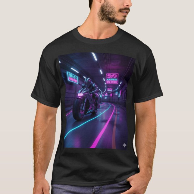 Camiseta Neon Highway Rider | Cyberpunk Motorcycle Art  (Anverso)